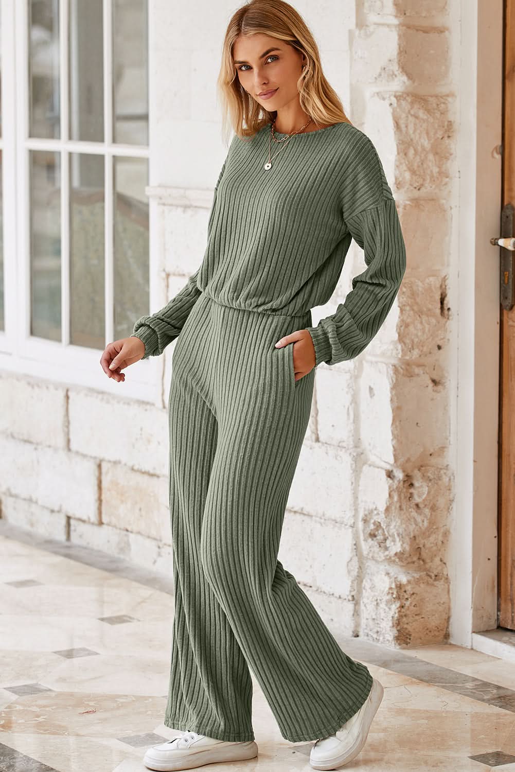 Laurel Green Solid Ribbed Knit Keyhole Back High Waist Jumpsuit - Love Salve